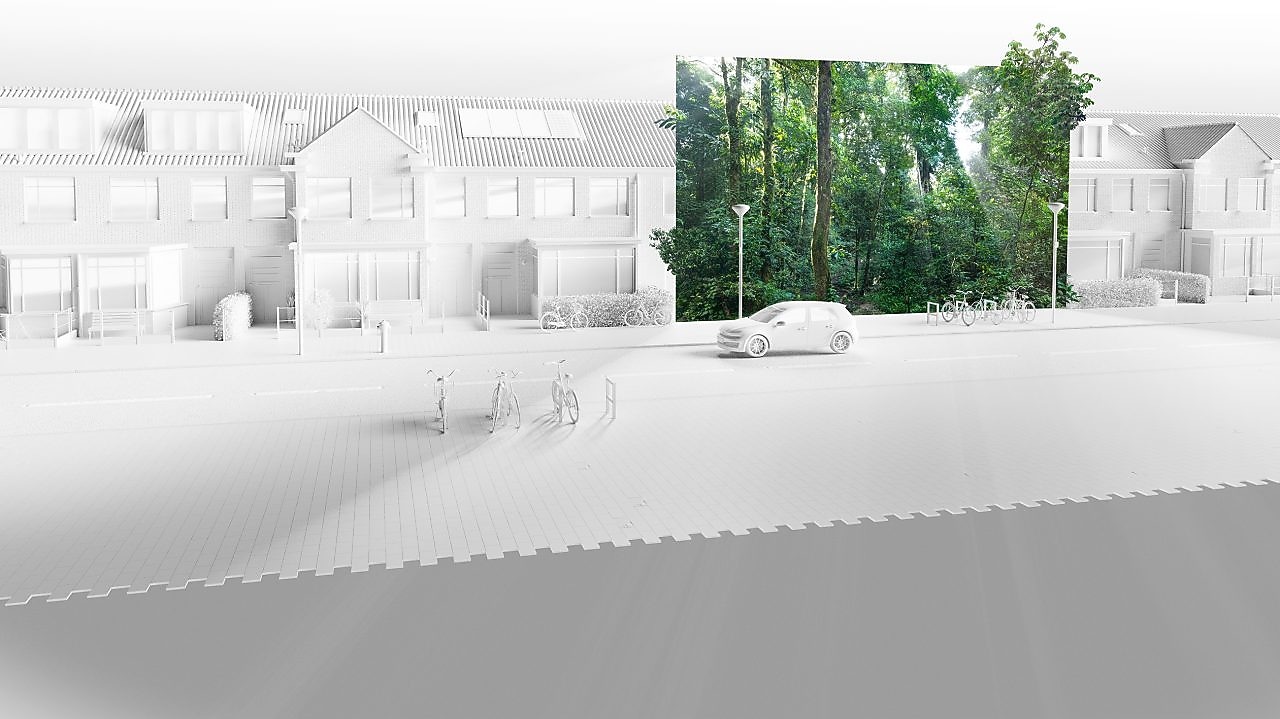 Slika je skoraj v celoti bela, na Kateri so zgradbe, mimo katerih se pelje osebni avtomobil in tam kjer se pelje, so na njegovi bočni strani zelena drevesa, ki nakazuje brez ogljični odtis avtomobila.