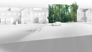 Slika je skoraj v celoti bela, na Kateri so zgradbe, mimo katerih se pelje osebni avtomobil in tam kjer se pelje, so na njegovi bočni strani zelena drevesa, ki nakazuje brez ogljični odtis avtomobila.