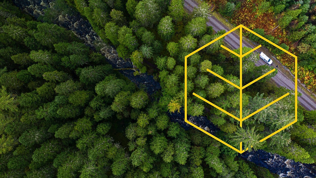 Pogled na reko in bel tovornjak na cesti v borovem gozdu z zraka in z orisom grafa Spoštovanje narave