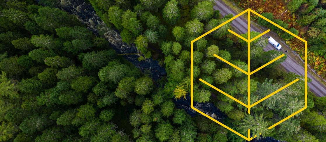 Pogled na reko in bel tovornjak na cesti v borovem gozdu z zraka in z orisom grafa Spoštovanje narave