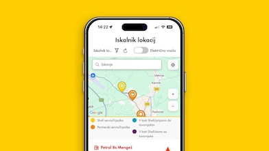 Zaslon aplikacije Shell Fleet App z zemljevidom bližnjih bencinskih servisov in možnostmi iskanja