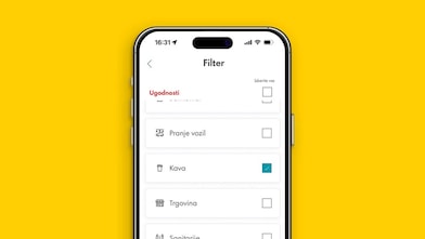 Zaslon aplikacije Shell Fleet App s filtri za iskanje servisov in ugodnosti, kot so trgovina, kava, sanitarije in pranje vozil