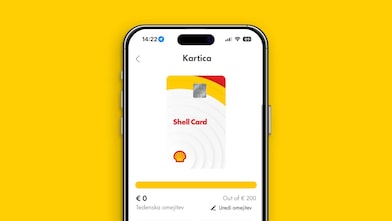 Zaslon aplikacije Shell Fleet App s podatki o Shell kartici in pregledom porabe.
