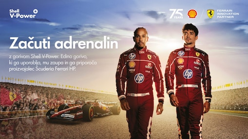 Promocijska slika Shell V-Power s dirkačema F1 in dirkalnikom na dirkališču.